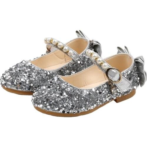 1-12 Years 2020 New Fashion Sequins Pearl Bow Children Princess Shoes Girls Big Kids Leather Shoes Baby Girl Party Toddler Shoes