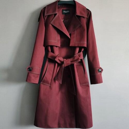 Wine Red Trench Coat For Women Long Sleeves Overcoat 2021 New Spring Autumn Windbreaker Plus Size Female Outerwear Cardigan 4XL