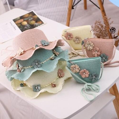 Women Summer hat Children Straw Hat Korean Baby Sun Hats Beauty Floral Girl Spring Cap Beach Visor Hat Straw Bag Two-Piece Sets