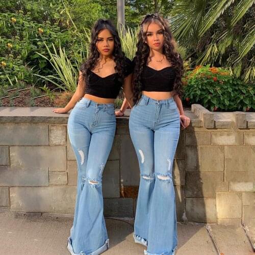 FNOCE 2020 winter new womens ripped jeans pants fashion trends elegant solid high waist tight hole slim denim Wide Leg Pants