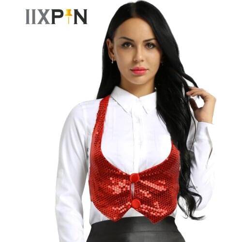 Women Shiny Sparkly Sequins Backless Halter Neck Vest Waistcoat Adults Jazz Dance Tank Top Sexy Party Night Costume Clubwear