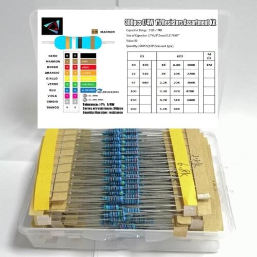600pcs/set 30 Kinds 1/4W Resistance 1% Metal Film Resistor Pack Assorted Kit 1K 10K 100K 220ohm 1M Resistors 300pcs/set
