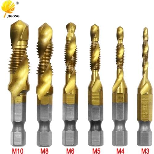 6Pcs M3-M10 Hex Shank Titanium Plated HSS Screw Thread Metric Tap Drill Bits