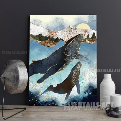 Nordic Abstract art golden whale Canvas Wall Art Painting Poster Bedroom studio print Living kid Room Home Decoration Prints