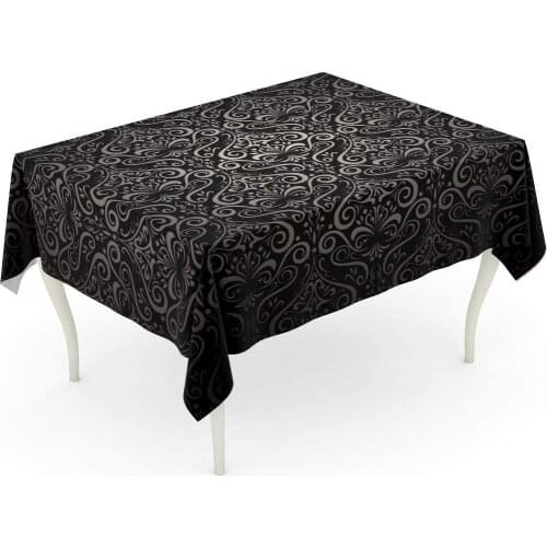 Antique Damask Classic Pattern Black and Beige Baroque Classical Curve Elegance Floral Table Cloth
