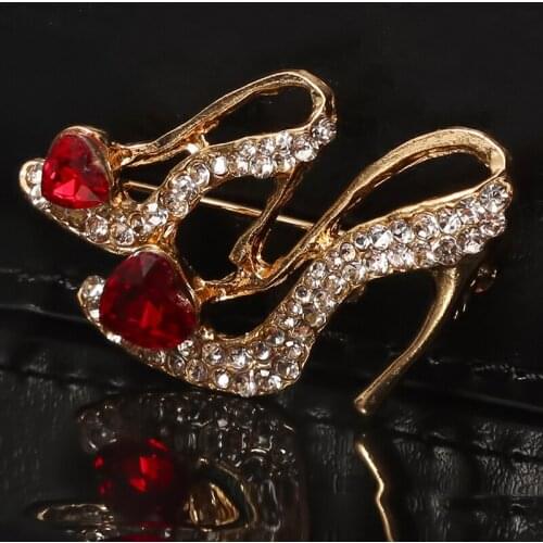High Heels Shoes Brooch Crystal Red Enamel Sandals Brooches Corsage Clips For Suit Scarf Dress Women Girls Jewelry Pins