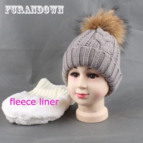 2019 Kids Beanie Winter Fleece Inside Hats For Children Real Fur Pompom Hat Twist Knitted Boys Girls Cap