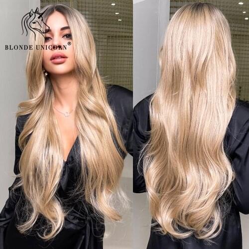 Blonde Unicorn Lace Part Synthetic Long Wavy Wig Brown Root Ombre Blonde Hair Wigs for Black White Women Daily Hair