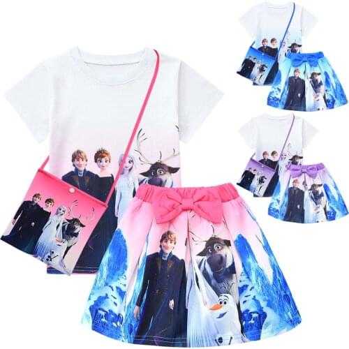 Disney Frozen Girls Clothes Sets Summer short sleeve top+Bow skirt+Bag 3-piece Girls Princess Elsa Clothing Suit