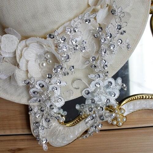 Beaded Lace Applique Sequins Venice Embroidered Appliques For Headbands Wedding Belt Dresses Bling Bling 21x8.5cm