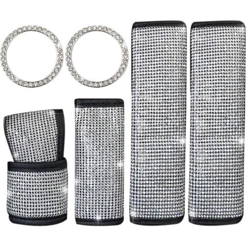 6pcs Shiny Car Interior Set for Women Bling Rhinestone Kit Seat Belt Cover Handbrake Gear Shift Cover Engine Start Button Ring