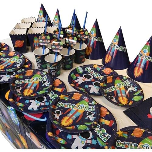 Disposable Space Theme Tableware Set Boys Favor Astronaut Rocket Birthday Baby Shower Party Cup Plate Popcorn Box Supplies