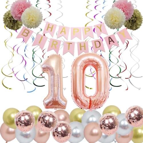 A Set Happy 10th Birthday Rose Gold Aluminum Film Latex Balloon Happy Birthday Banner Spirals Flower Party Party Decoration