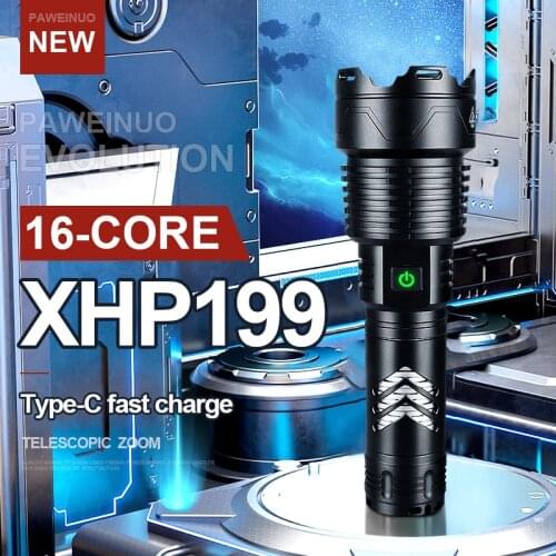 Newest XHP199 Powerful LED Flashlight 26650 High Power LED Flashlight Rechargeable XHP160 Tactical Torch USB Hunting Flash Light