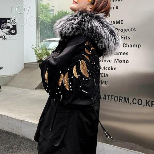 Novmoop imitate dense high quality rabbit hair liner and hood women parker for winter with beading wings pattern patch LT3284