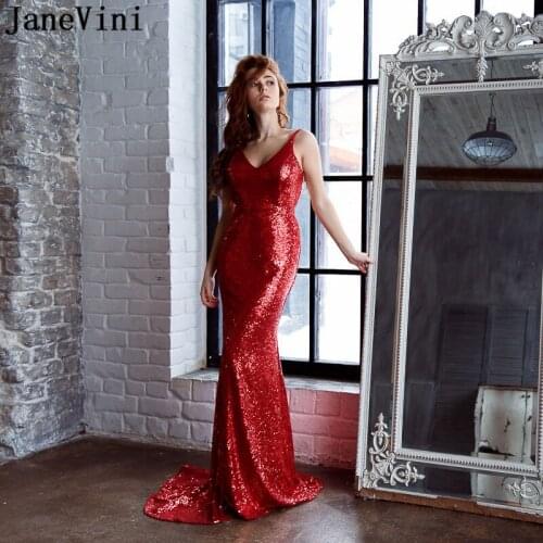 JaneVini Charming Red Sequin Evening Dress Sexy Deep V Neck Sparkly Long Formal Arabic Mermaid Evening Dresses Robe De Soiree