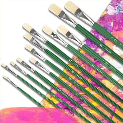 Single-support Paint Brush Flat-headed Pig Bristle Hair Water Gouache Oil Painting Pen Long Rod Art Students Color Art Supplies