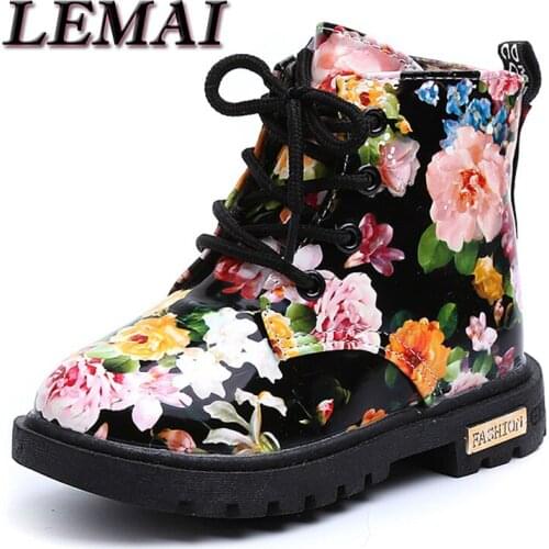Size 21-30 Kids Girls Boots Floral Martin Botas Kids Rubber Sole Graceful Flower Print PU Leather Bottes Welcome Dropshipper