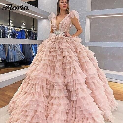 Luxury Puffy Beaded Evening Dress Robe De Soiree Custom Kaftans Women Party Gowns Dubai Chic Pink V Neck Celebrity Prom Dress