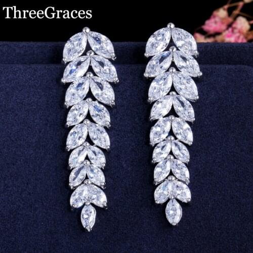 ThreeGraces Vintage Wedding Bridal Jewelry White Gold Color Clear Cubic Zircon Stone Long Leaf Dangling Earrings For Women ER087