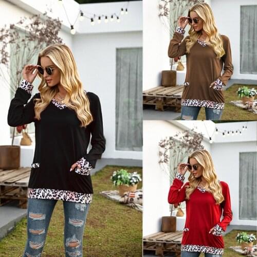 Autumn Women T-Shirts Full Sleeve Leopard Color Sexy V-Neck With Pockets Patchwork Black Fashion Female Blouse Tops Tees C2695