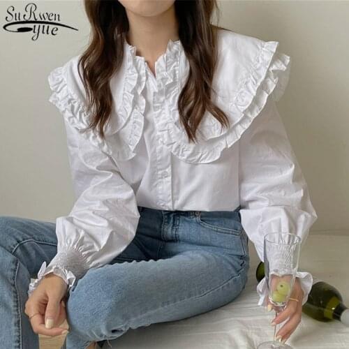 Korean Chic Turn Down Collar Ruffled Woman Blouses Tops White Long Sleeve Shirt Women Loose Casual Fashion Clothing Blusas 13905