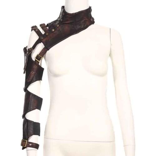 Brown PU Leather Buckle Shoulder Long Sleeve Punk Gothic Arm Armor Warmers Women Steampunk Clothing Cosplay Costume Accessories