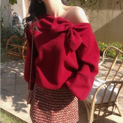 Thick Candy Ccolor Women Bowknot Sweater Autumn Winter Solid Color Knitted Long Sleeve Soft Pullovers Tops Elegant Ladies