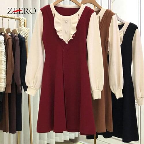 Female Lantern Sleeve Splicing Knitted Slim Dress Fashion Women O-Neck Pearl Buttons Ruffle Pullover Midi A-Line Dresses Autumn