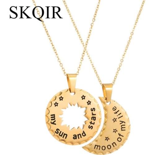 2pcs Sun & Mood Shape Necklace Engraved my sun and star Lertter Pendant Stainless Steel Chain Hollowing Jewelry for Women Gift