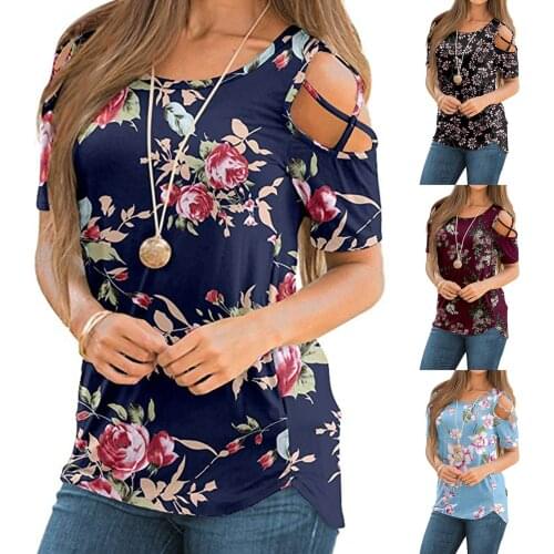 Womens Fashionable Summer Printing Leakage Shoulder O-neck Short Sleeve Cold Shoulder Women Harajuku Clothing Blouses 2021