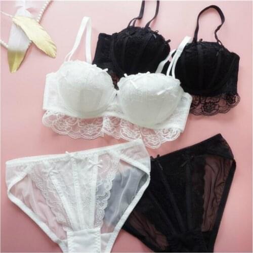 White Black Japanese Sexy Lace Lingere Set Underwear Women Ladies Princess Push Up Bra Seamless Panties Set Transparent Nightie