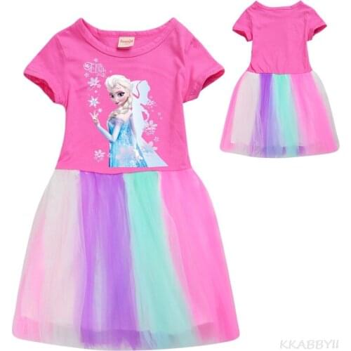 Disney Summer Frozen Girl Cotton T Shirt + Print +Gauze Patchwork Dress Children Girl Home Party Casual Clothes Dresses