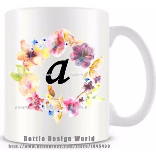 DIY Monogram Floral Alphabet A Ceramic white coffee tea mug cup Personalized Birthday Christmas gifts funny novelty travel mug