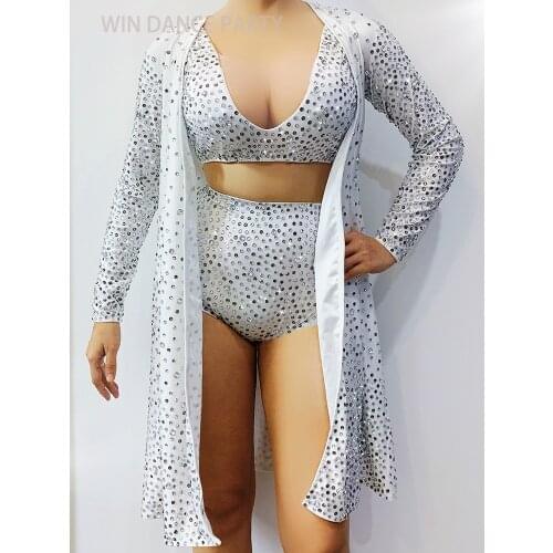Women Silver Rhinestones Bra Short Jacket White Outfit Set Bar Dance Singer Show Wear Stage Prom Outfit Set Pole Dance Costume