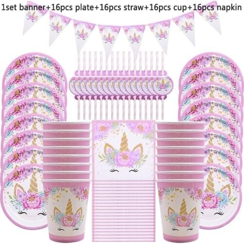 Unicorn Party Supplies Kids Birthday Decoration Disposable Tableware Set Paper Plates Cup Banner Baby Shower Girl Decor
