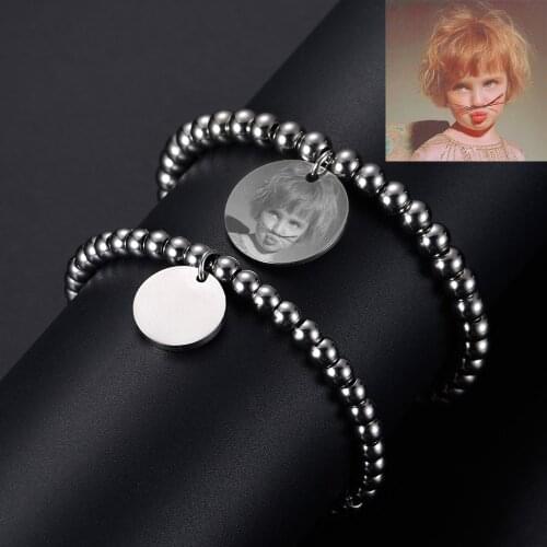 Customized Bracelets Engrave Photo Name Bracelet Stainless Steel Round Charm Adjustable Beads Chain Bangles For Women Men 2020