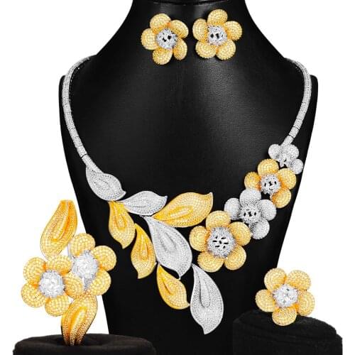 KellyBola 4PCS Fashion Luxury Flowers Jewelry Sets For Women Wedding African Indian Cubic Zirconia Dubai Bridal Jewelry
