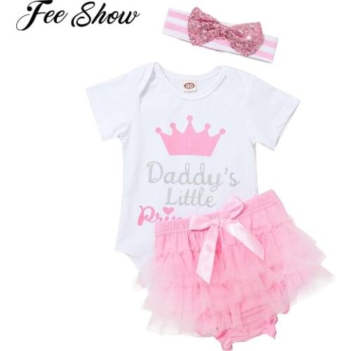 3PCS Cute Newborn Baby Girl Outfit Clothes Daddys Princess Romper Top Bodysuit Tutu Shorts Sequins Headband Set Infant Clothing