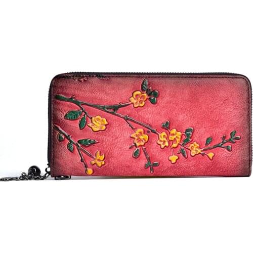 Natural Skin Purse Clutch Wrist Bag Female Designer Handmade Embossed Floral Women Wallet Genuine Leather Long Zipper Wallet