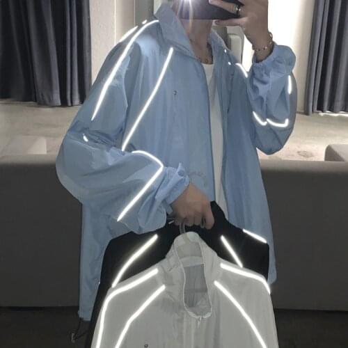 Summer Thin Track Jacket Mens Fashion Solid Color Casual Reflective Jacket Men Streetwear Wild Loose Hip Hop Bomber Jacket Men