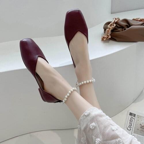 Summer Trend Fashion Buckle Soft Sole Comfortable Light Elegant Pearl Square Toe Ladies Single Shoes Casual Shoes