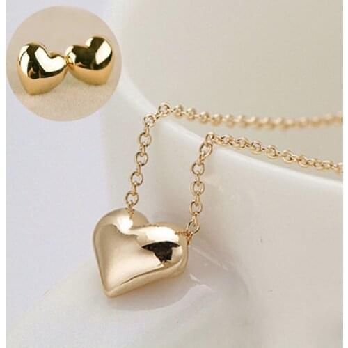 Fashion Elegant Simple Golden Love Heart Short Necklace Earring Set for Women Classic Jewelry