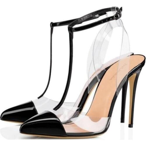 Carpaton Newest Transparent PVC Patchwork High Heel Shoes Woman T-strap Thin Heels Sexy Sandal Cutouts Gladiator Shoes