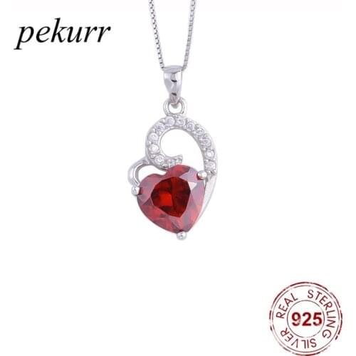 Pekurr 925 Sterling Silver Big Red Ruby Gems Heart Necklaces For Women Zircon lace Heart Pendants Wedding Fashion Jewelry Gift