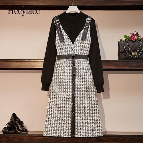 Plus Size Women Korean 2 Pieces Set Autumn Winter Sexy Knitted Long Sleeve Sweater + Sling Dress Office lady Dresses Set
