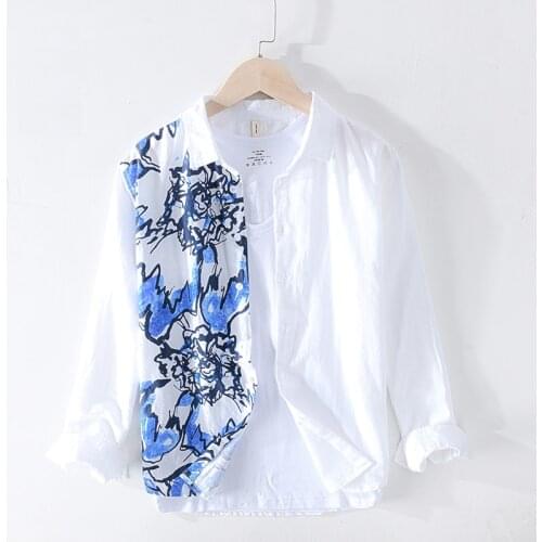 Cotton Linen Men Shirt Breathable Men Long Sleeve Shirt 2020 New Casual Shirts White Patchwork Print Shirt Loose Y2402
