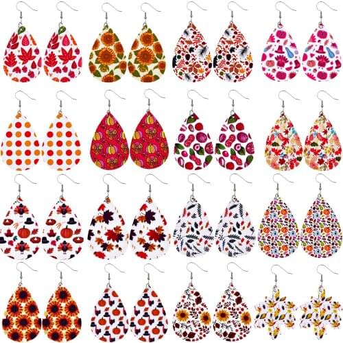 Potosala Thanksgiving Leather Dangle Earrings Pumpkin Sunflower Maple Leaf Women Print Teardrop Earrings Fashion Jewelry Gifts