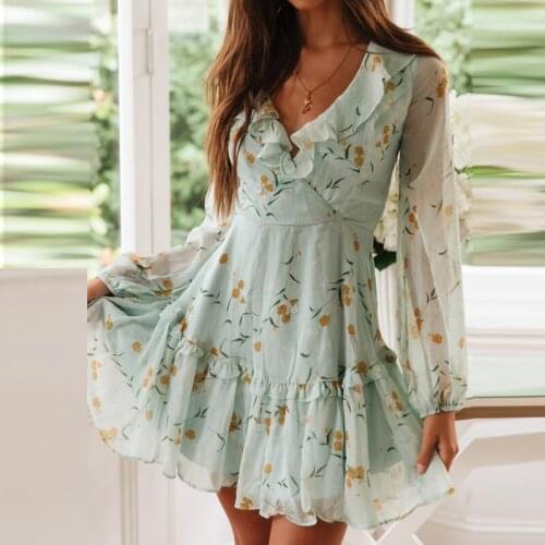 Popular open back 2021 fashionable spring and summer bandage V-neck Ruffle printed chiffon long sleeve womens comfortable dress