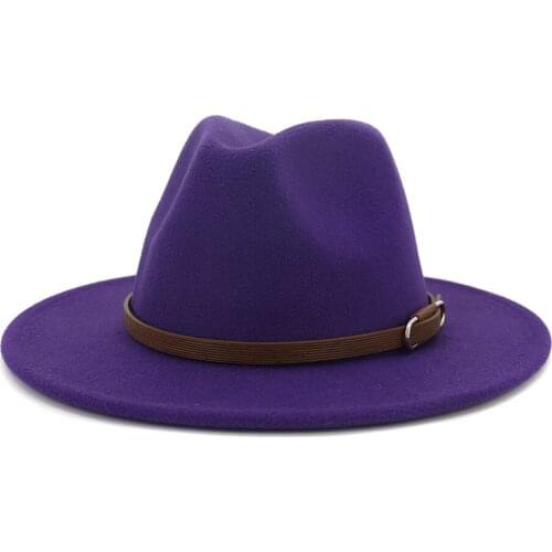 Men Women Wide Brim Wool Felt Fedora Panama Hat with Belt Buckle Jazz Trilby Cap Party Formal Top Hat In White,black